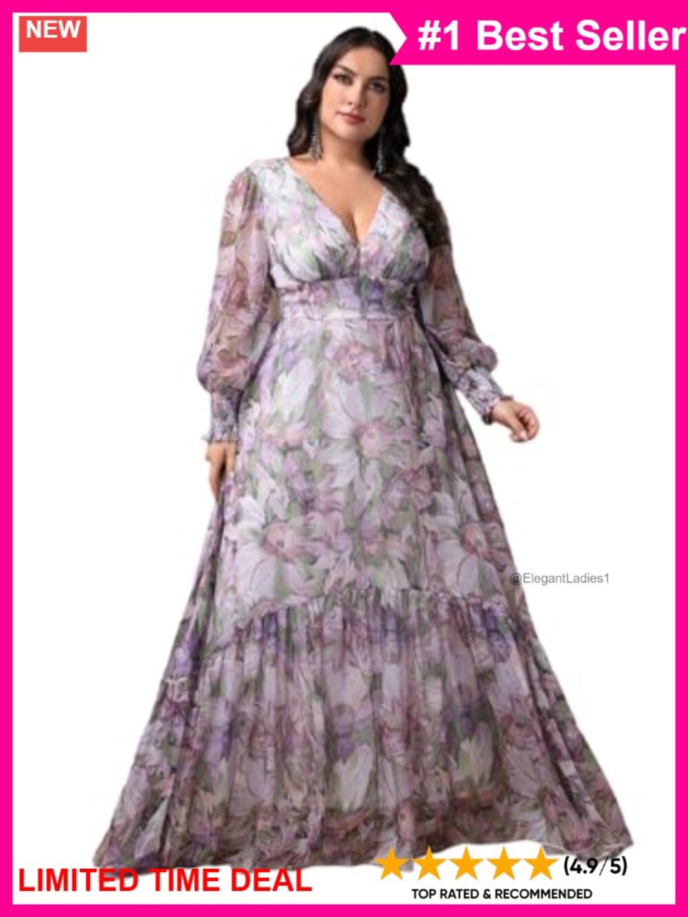 Plus Size Boho Floral Maxi Dress V-Neck Long Lantern Sleeve Elastic High Waist